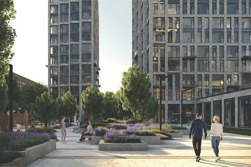 Фасад комплекса отделают светло-серым доломитом